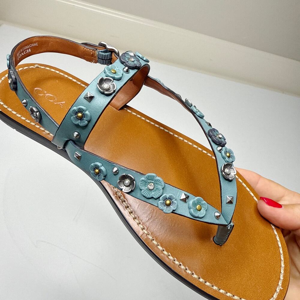 NEW NIB Coach Hudson Leather Slingback Floral Stud Sandals Marine 7.5 B #G1794 - Picture 5 of 9